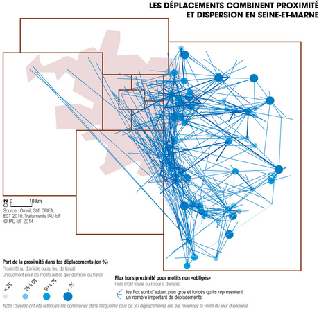carte : les déplacements combinent proximité et dispersion en Seine-et-Marne