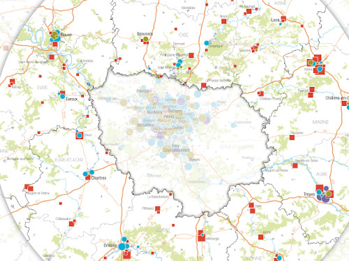 Principales polarités commerciales à moins de 100 km de l’Île-de-France